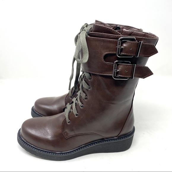 New in Box Brown Platform Vegan Leather Mid Shaft Buckle Zip Up Moto Boots - Picture 5 of 8